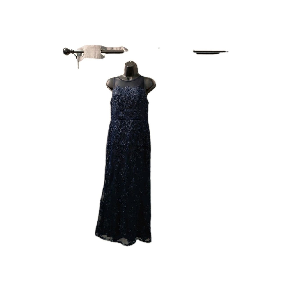 Arianna‎ Papell Women's Dress Size  4 Navy Blue Sheer  Mesh Floral Overlay